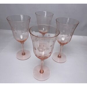 Lot of 4 Vtg Depression Panel Glass Wine Stems Pink Etched Flowers Leaves